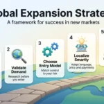 Global Expansion Strategy: A Framework for Success in New Markets Global expansion strategy infographic showing five steps along a path: set objectives, validate demand, choose an entry model, localize, measure and adapt.