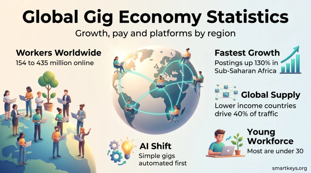 Global gig economy statistics infographic: a globe linking freelancers, 154 to 435 million online workers, 130% growth in Sub-Saharan Africa and a young workforce.