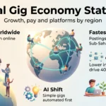 Global Gig Economy Statistics: Growth, Pay and Platforms by Region Global gig economy statistics infographic: a globe linking freelancers, 154 to 435 million online workers, 130% growth in Sub-Saharan Africa and a young workforce.