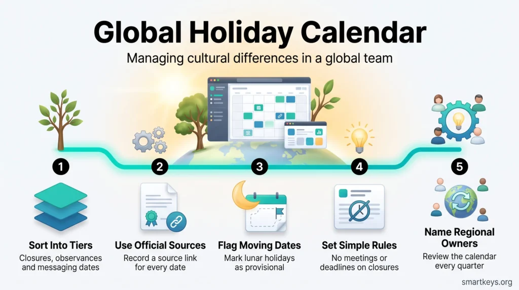 Infographic on building a global holiday calendar in five steps: sort dates into tiers, use official sources, flag moving dates, set simple rules, name regional owners.