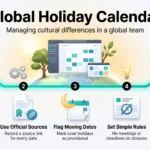 Global Holiday Calendar: Managing Cultural Differences in a Global Team Infographic on building a global holiday calendar in five steps: sort dates into tiers, use official sources, flag moving dates, set simple rules, name regional owners.