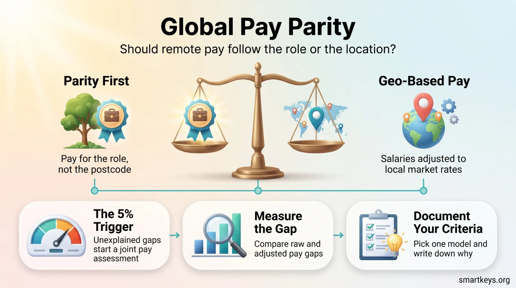 Global pay parity infographic weighing role-based pay against geo-based pay, with steps on the 5% trigger, measuring gaps and documenting criteria