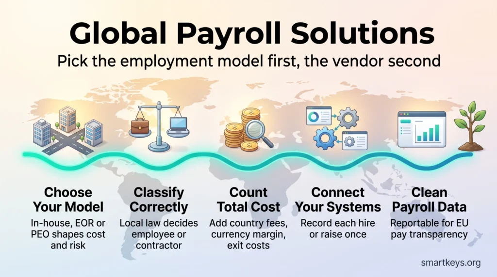 Infographic on global payroll solutions: choose in-house, EOR or PEO, classify workers, count total cost, connect systems and keep payroll data clean.