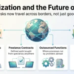 Globalization and the future of work infographic showing four ways work crosses borders: distributed teams, freelance contracts, outsourced functions and mobile workers.
