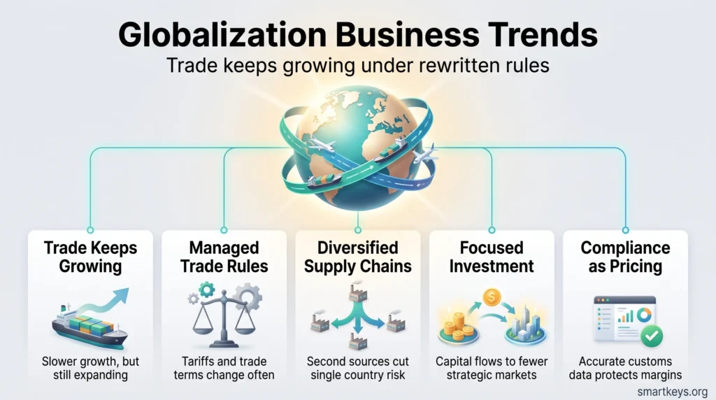 Globalization business trends infographic: a globe with trade routes linked to trade growth, trade rules, supply chains, investment and compliance