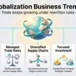 The Impact of Globalization on Business Trends Globalization business trends infographic: a globe with trade routes linked to trade growth, trade rules, supply chains, investment and compliance