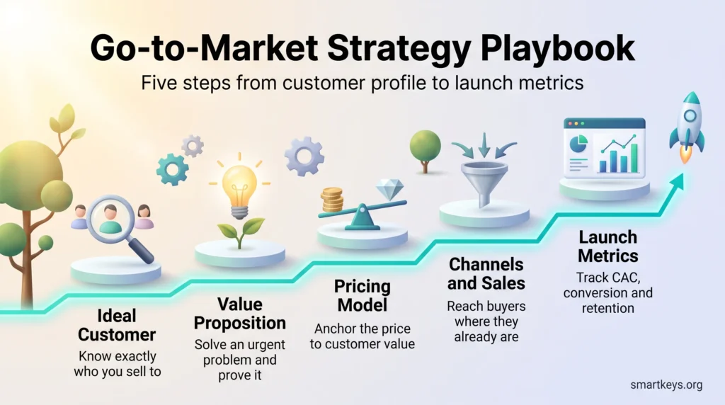 Go-to-market strategy infographic showing five steps along a rising path: ideal customer, value proposition, pricing model, channels and sales, and launch metrics.