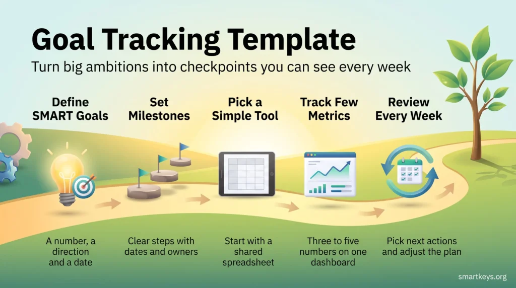 Goal tracking template infographic: a path with five steps, from SMART goals and milestones to a simple tool, a few dashboard metrics and a weekly review.