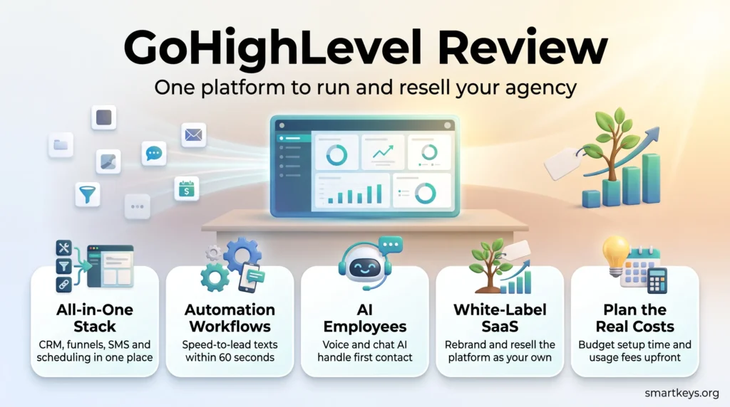 Infographic for a GoHighLevel review showing its all-in-one CRM, automation workflows, AI employees, white-label SaaS mode and real costs.