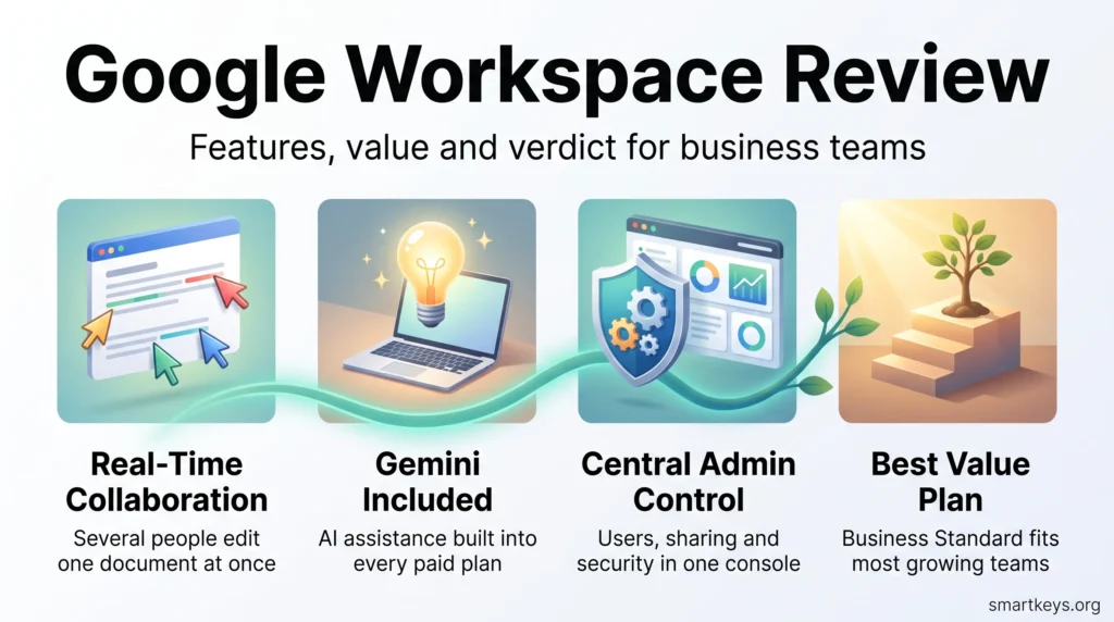 Google Workspace review infographic showing real-time collaboration, Gemini AI in paid plans, central admin control and Business Standard as best value.