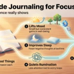 Gratitude Journaling for Focus: What the Evidence Really Shows Infographic showing how gratitude journaling supports focus through a better mood, improved sleep and less rumination.