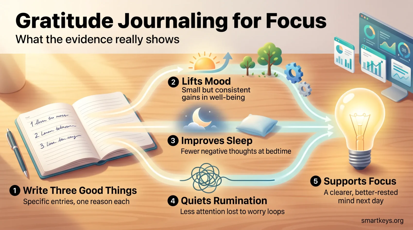 Infographic showing how gratitude journaling supports focus through a better mood, improved sleep and less rumination.