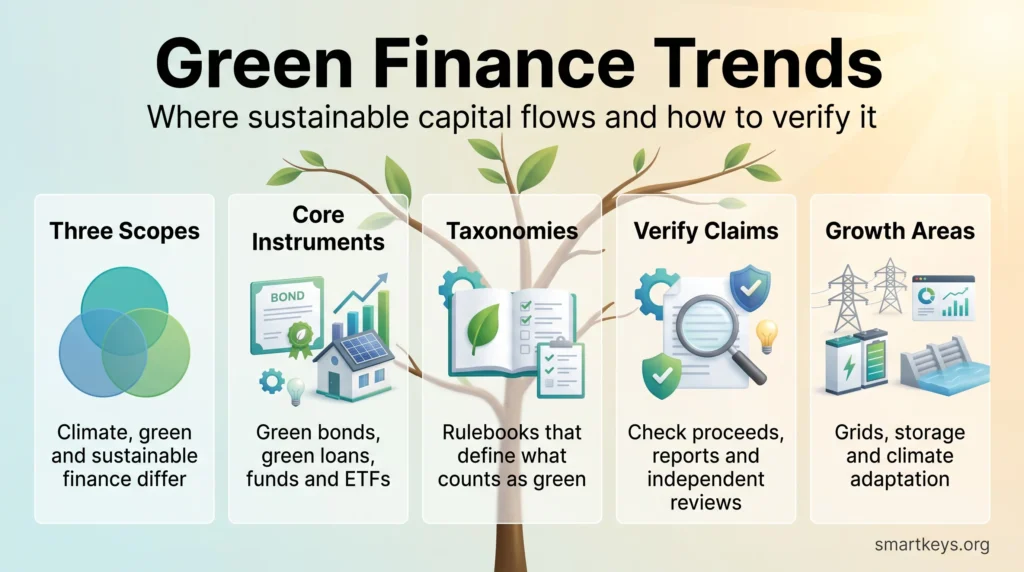 Green finance trends infographic showing three finance scopes, core instruments like green bonds and loans, taxonomies, claim verification and growth areas.