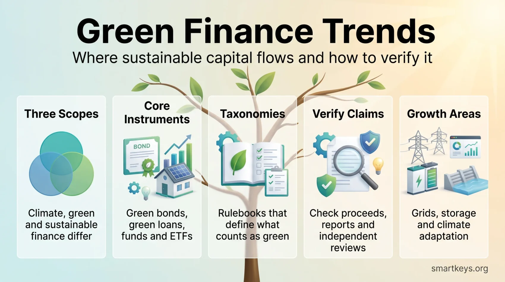 Green finance trends infographic showing three finance scopes, core instruments like green bonds and loans, taxonomies, claim verification and growth areas.
