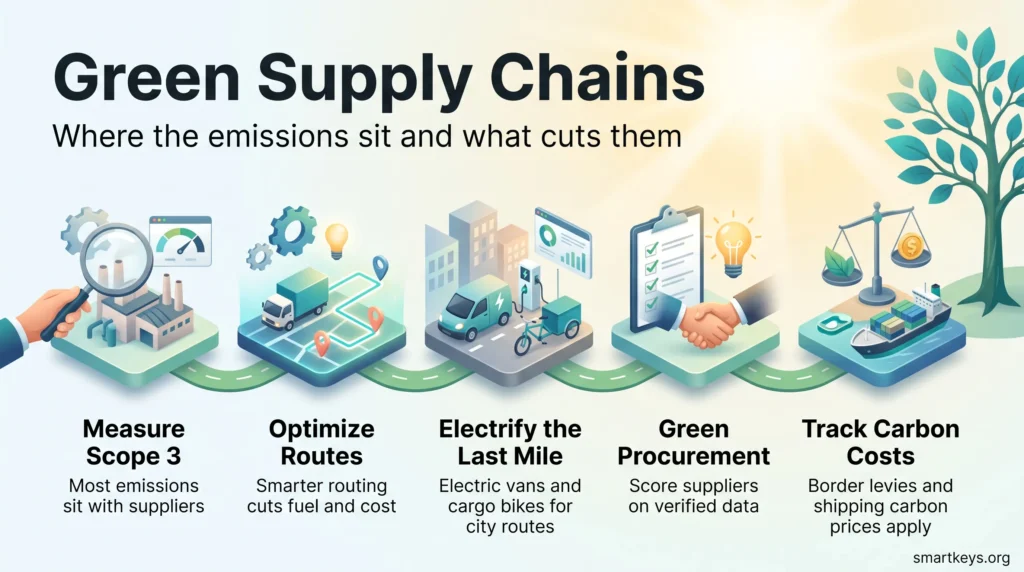 Green supply chains infographic showing five steps: measure scope 3, optimize routes, electrify the last mile, green procurement and tracking carbon costs.