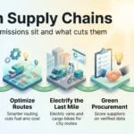 Green Supply Chains in 2026: What Sustainable Logistics Requires Green supply chains infographic showing five steps: measure scope 3, optimize routes, electrify the last mile, green procurement and tracking carbon costs.