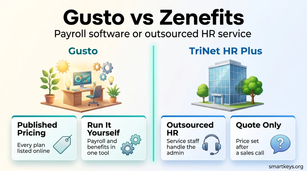Gusto vs Zenefits infographic comparing Gusto payroll software with published pricing and TriNet HR Plus outsourced HR sold by quote.