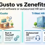Gusto vs Zenefits 2026: Zenefits Is Now TriNet HR Plus Gusto vs Zenefits infographic comparing Gusto payroll software with published pricing and TriNet HR Plus outsourced HR sold by quote.