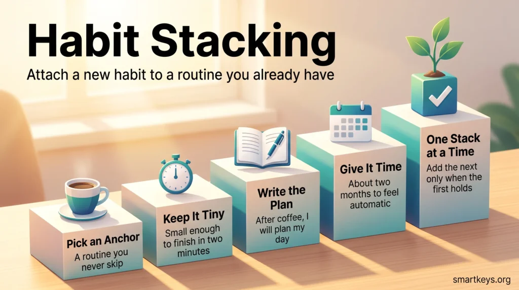 Habit stacking infographic: five ascending steps, from picking an anchor routine and keeping habits tiny to adding one stack at a time.