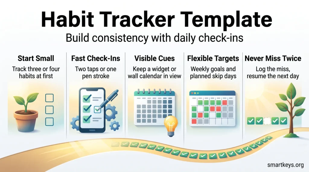 Habit tracker template infographic with five steps: start small, fast check-ins, visible cues, flexible targets and never miss twice, along a checkmark path.