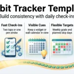 Habit tracker template infographic with five steps: start small, fast check-ins, visible cues, flexible targets and never miss twice, along a checkmark path.