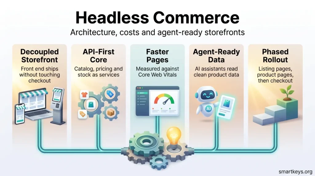 Headless commerce infographic showing a decoupled storefront, API-first core, faster pages, agent-ready product data and a phased rollout.