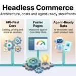 Headless commerce infographic showing a decoupled storefront, API-first core, faster pages, agent-ready product data and a phased rollout.