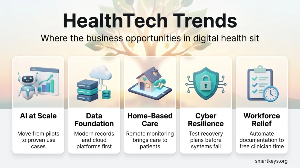 HealthTech trends infographic with five digital health opportunities: AI at scale, data foundation, home-based care, cyber resilience and workforce relief