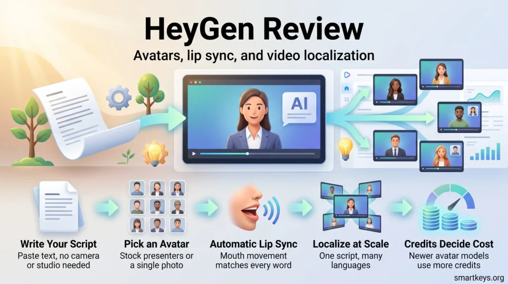 HeyGen review infographic showing the workflow from script to AI avatar video with lip sync, multilingual localization and credit-based pricing.