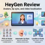 HeyGen Review 2026: Avatars, Lip Sync, and Video Localization HeyGen review infographic showing the workflow from script to AI avatar video with lip sync, multilingual localization and credit-based pricing.