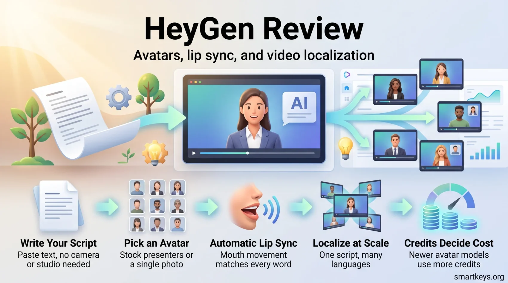 HeyGen review infographic showing the workflow from script to AI avatar video with lip sync, multilingual localization and credit-based pricing.