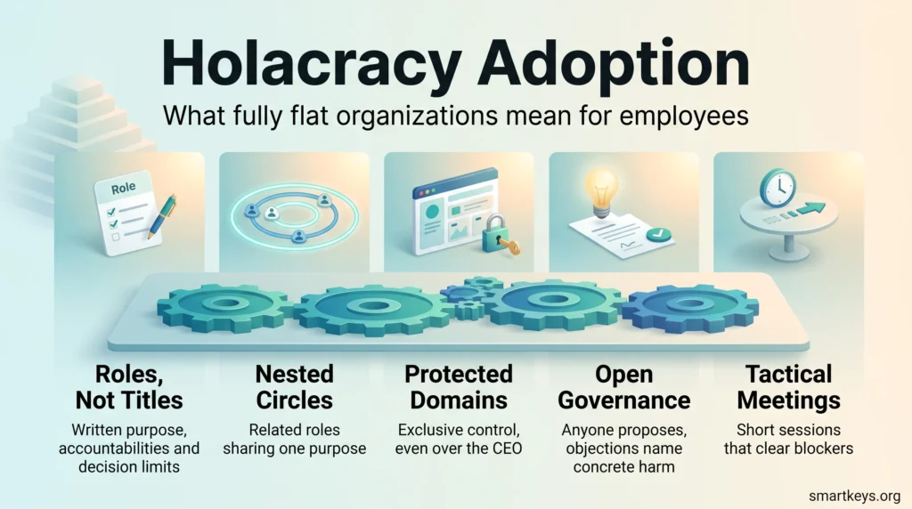 Infographic on Holacracy adoption: written roles, nested circles, protected domains, open governance and tactical meetings in a flat organization.