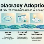 Infographic on Holacracy adoption: written roles, nested circles, protected domains, open governance and tactical meetings in a flat organization.