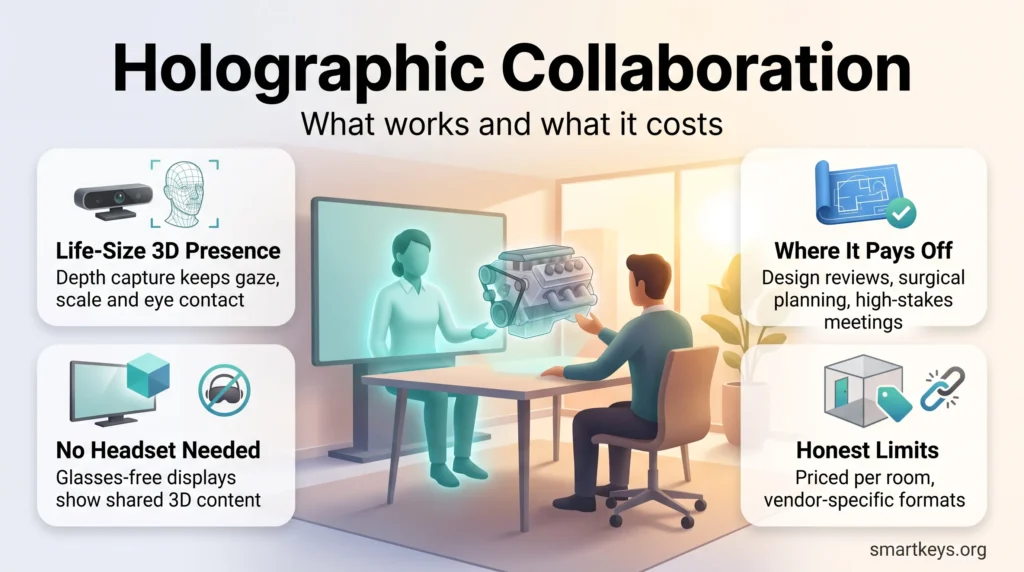 Infographic on holographic collaboration: life-size 3D presence, glasses-free displays, key use cases like design reviews, and limits such as per-room cost.