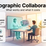 Infographic on holographic collaboration: life-size 3D presence, glasses-free displays, key use cases like design reviews, and limits such as per-room cost.