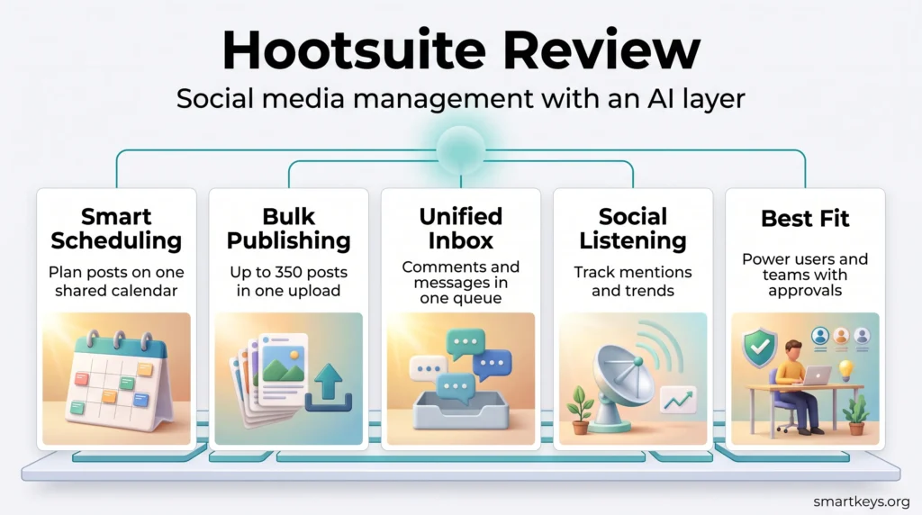 Hootsuite review infographic with five cards on scheduling, bulk publishing, a unified inbox, social listening and the teams it fits best.