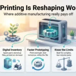How 3D Printing Is Reshaping Workplaces in 2026 Infographic on how 3D printing is reshaping workplaces: fewer parts, digital inventory, faster prototyping, cost limits and production jobs.