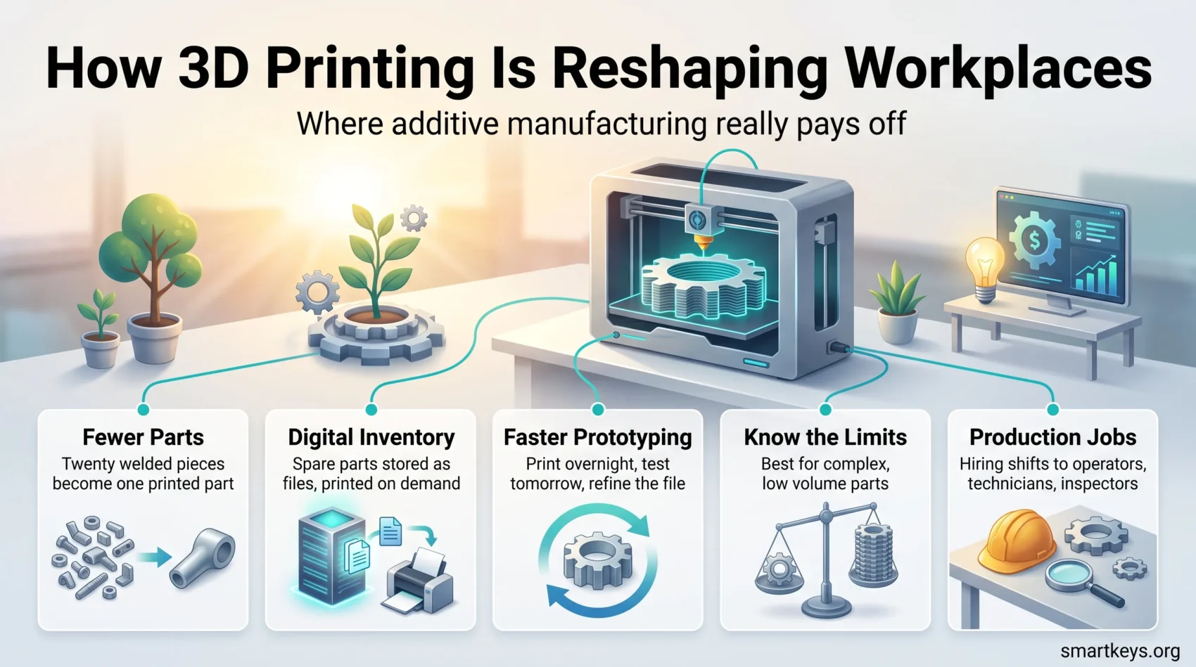 Infographic on how 3D printing is reshaping workplaces: fewer parts, digital inventory, faster prototyping, cost limits and production jobs.