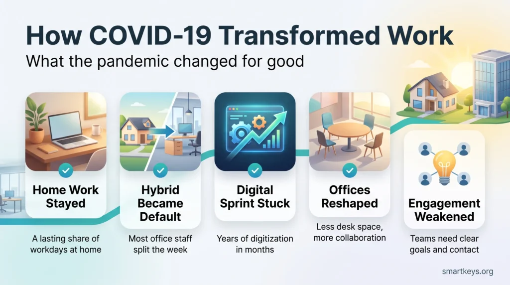 Infographic on the COVID-19 work transformation: home work stayed, hybrid became default, digitization stuck, offices reshaped and engagement weakened.