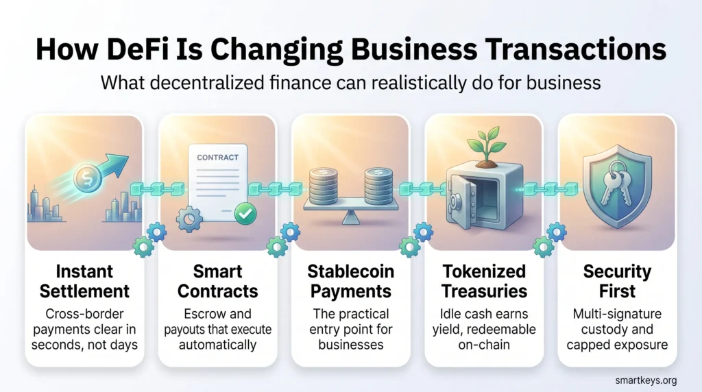 Infographic on how DeFi is changing business transactions: five linked panels on instant settlement, smart contracts, stablecoin payments, tokenized treasuries and security.