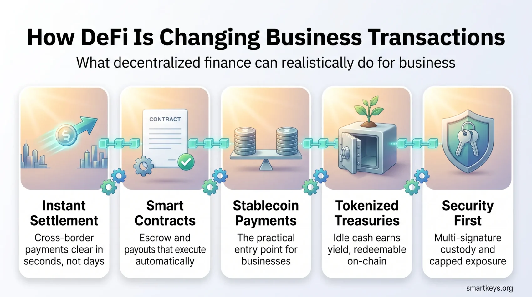 Infographic on how DeFi is changing business transactions: five linked panels on instant settlement, smart contracts, stablecoin payments, tokenized treasuries and security.