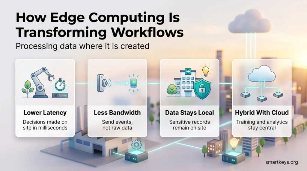 Infographic on how edge computing is transforming workflows: lower latency, less bandwidth, local data and a hybrid setup with the cloud.