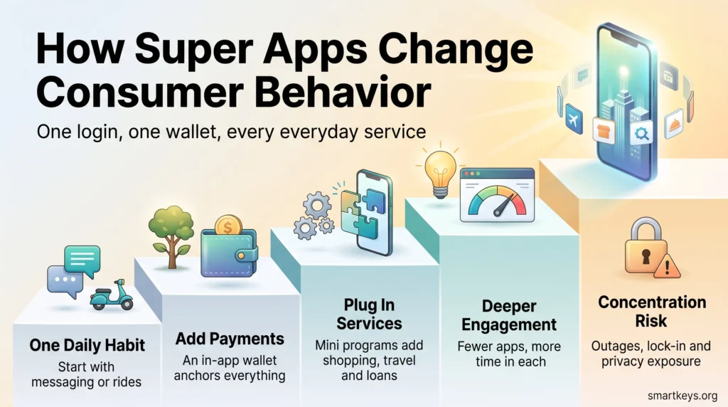 Infographic on how super apps change consumer behavior: from one daily habit to in-app payments, plugged-in services, deeper engagement and concentration risk.
