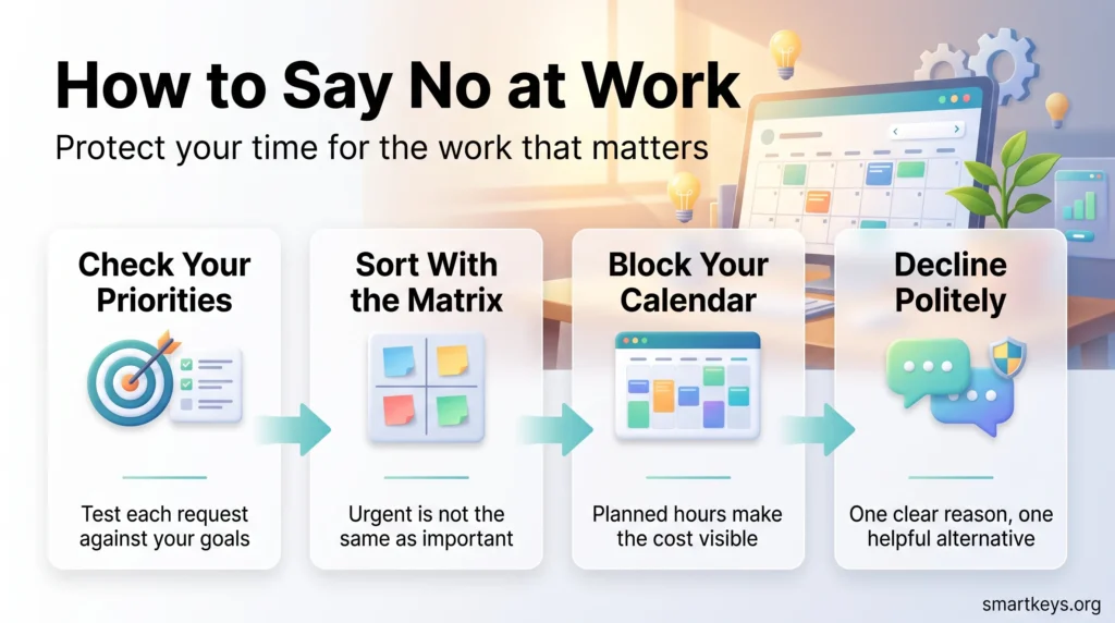 Infographic on how to say no at work: check priorities, sort requests with a matrix, block your calendar and decline politely to protect your time.