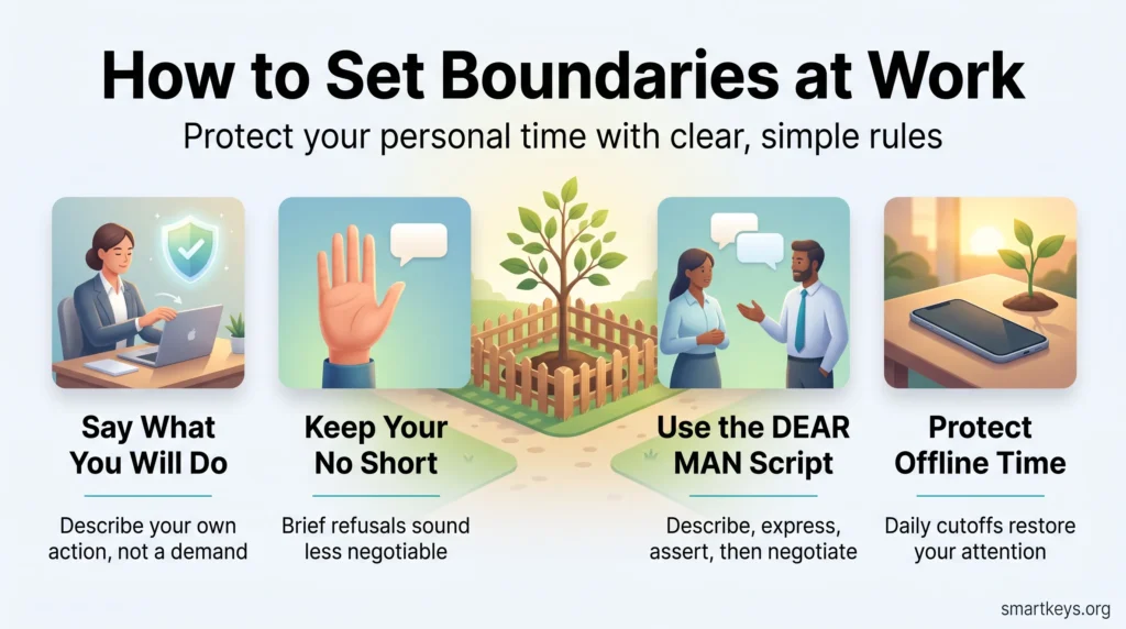 Infographic on how to set boundaries at work: say what you will do, keep your no short, use the DEAR MAN script and protect offline time.
