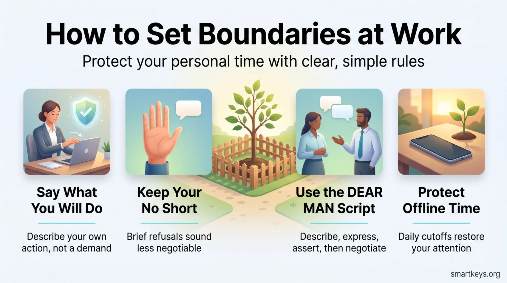 Infographic on how to set boundaries at work: say what you will do, keep your no short, use the DEAR MAN script and protect offline time.