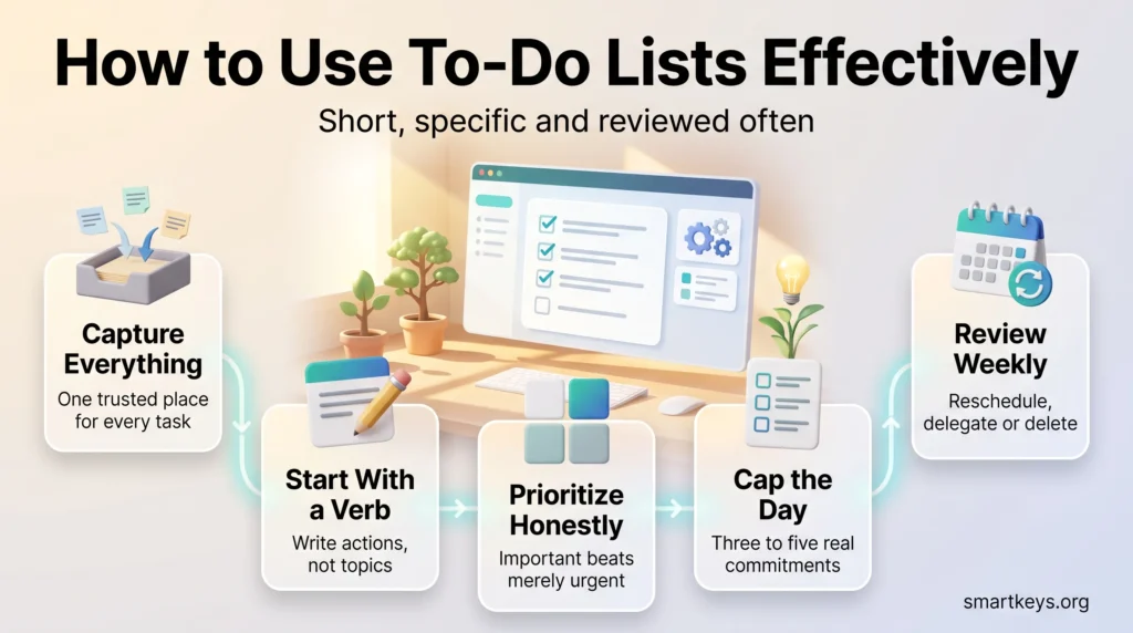 Infographic showing how to use to-do lists effectively: capture every task, start with a verb, prioritize honestly, cap the day and review weekly.