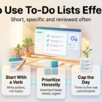 How to Use To-Do Lists Effectively Infographic showing how to use to-do lists effectively: capture every task, start with a verb, prioritize honestly, cap the day and review weekly.