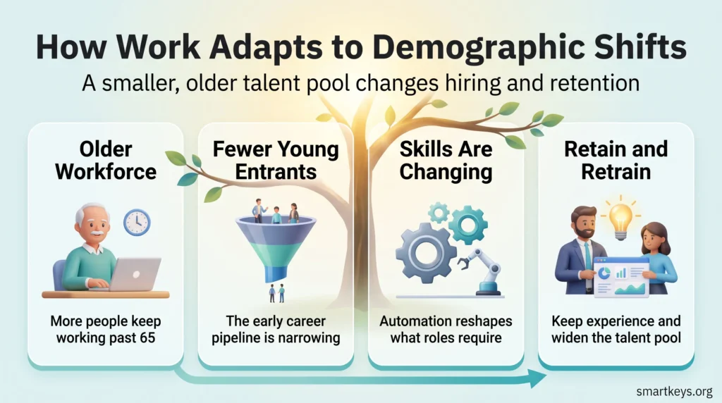 Infographic on how work adapts to demographic shifts: an older workforce, fewer young entrants, changing skills, and retaining and retraining talent.
