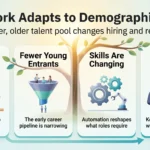 Infographic on how work adapts to demographic shifts: an older workforce, fewer young entrants, changing skills, and retaining and retraining talent.